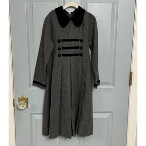 Sylvia Whyte Vintage Girls Gray Wool Blend Dress Pleated w Black Velvet Trim 10